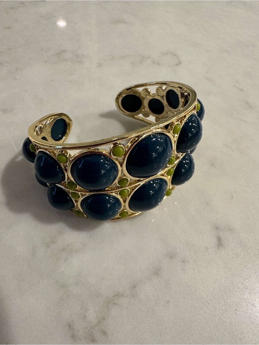 Jewelmint Statement Retro Gold Cuff Bracelet with Navy and Lime Cabochons